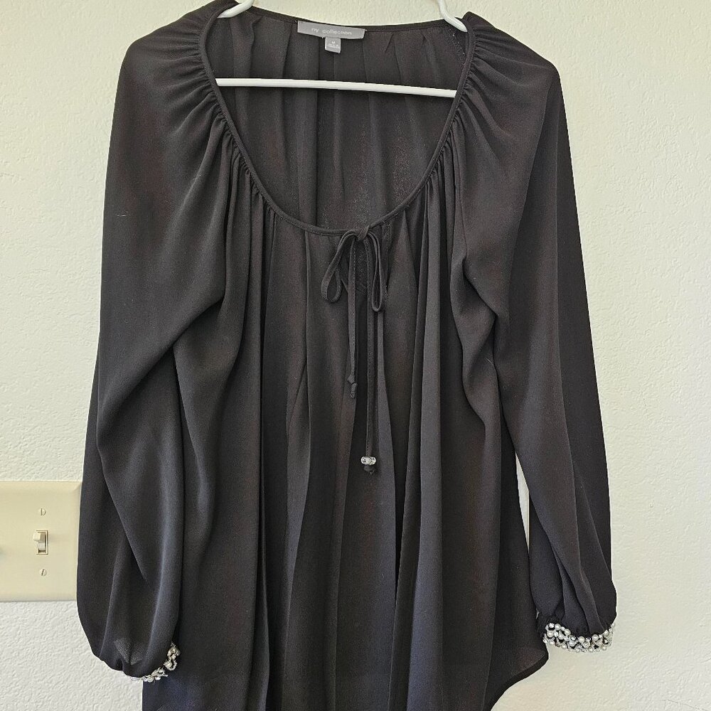 NY COLLECTION Women's Size M Black Blouse Pearls Rhinestone Cuffs Long Sleeves